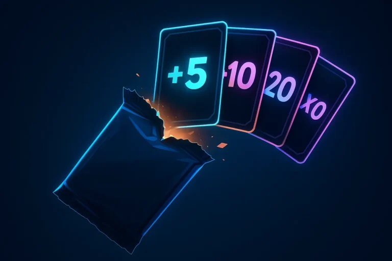 Digital collectable card pack opening with cards and multiplier symbols fanning out