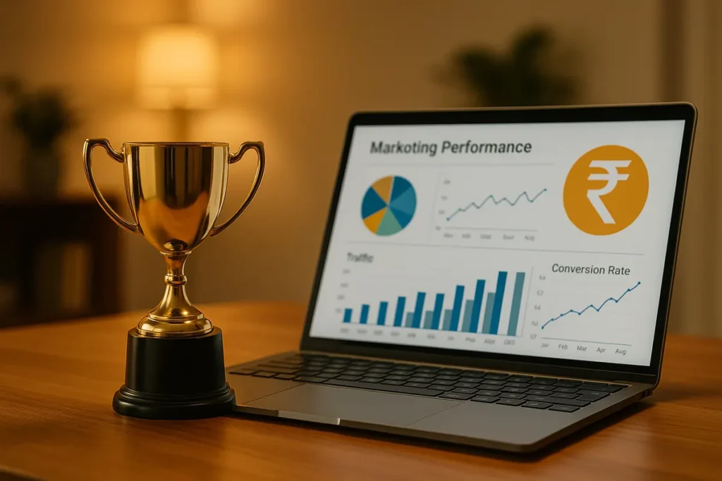 Gold trophy next to a laptop showing affiliate performance charts, illustrating iGaming affiliate awards