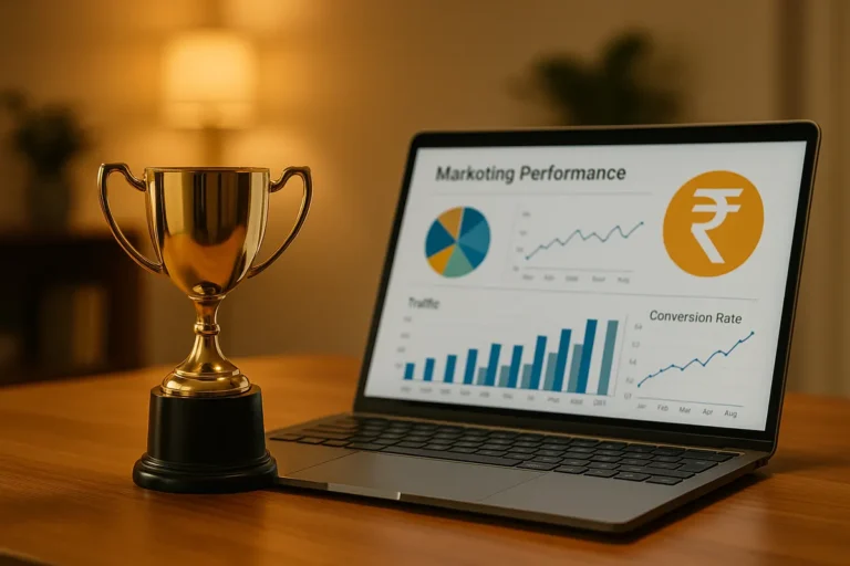 Gold trophy next to a laptop showing affiliate performance charts, illustrating iGaming affiliate awards