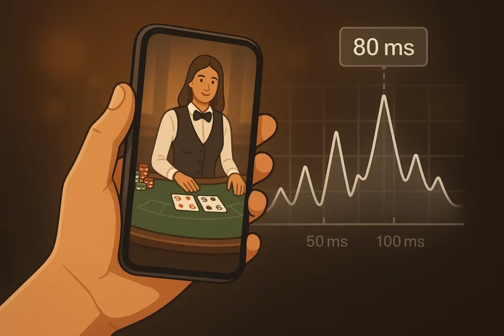 Smartphone showing a live casino table with latency and load time metrics overlaid