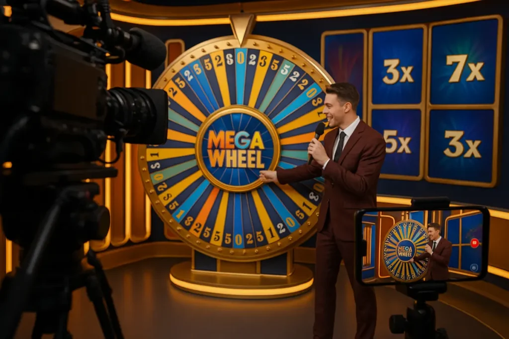 Live casino game show studio with a money wheel, presenter and a phone streaming the same round