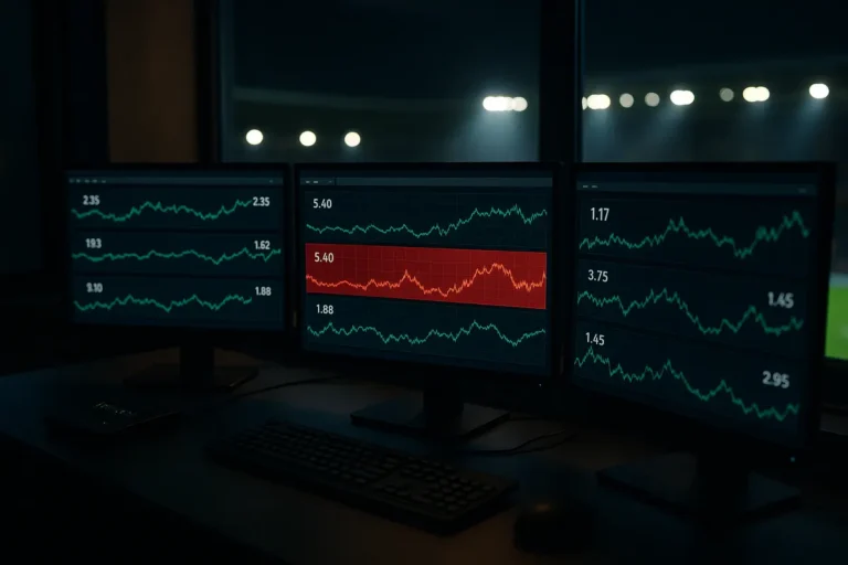 Betting integrity analyst reviewing odds charts with one suspicious market flagged in red