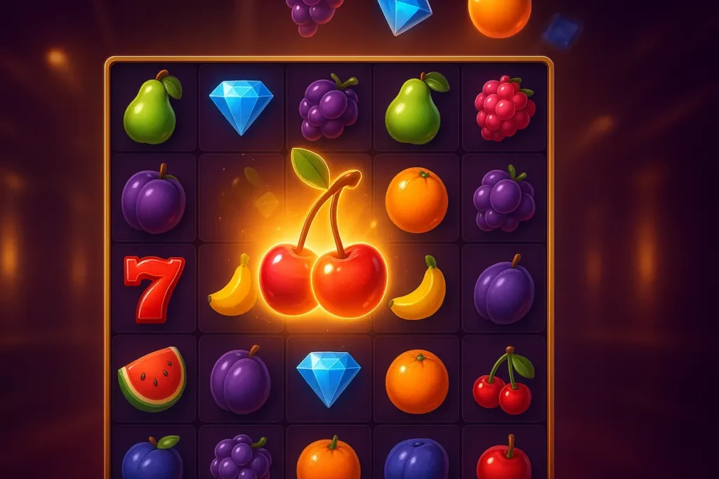 Fruit and gem symbols merging on a cluster-pays slot grid, illustrating the Merge Up mechanic