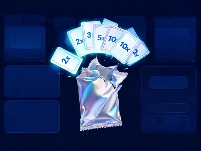 Illustration of a virtual card pack opening to reveal collectible cards with multiplier values