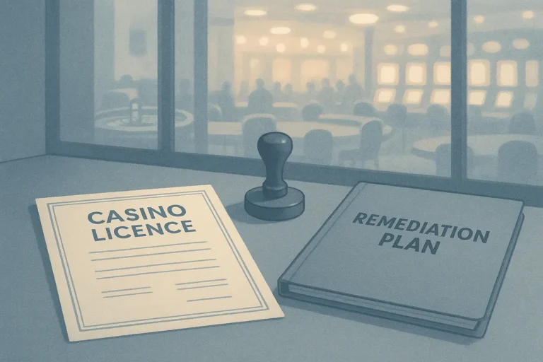Casino licence document on a regulator's desk with a remediation plan folder, illustrating licence suspension reviews