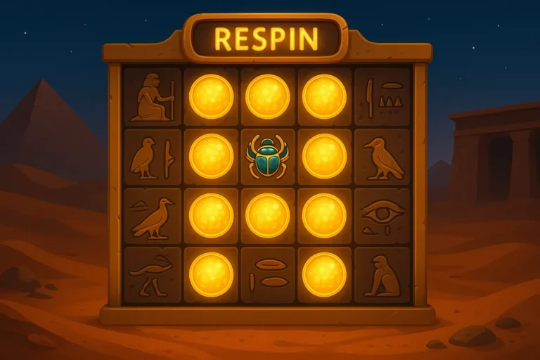 Egyptian-themed slot reels with locked golden coins and a respin counter, illustrating the hold and win mechanic