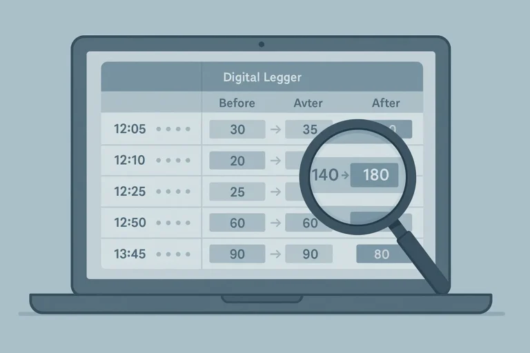 Laptop screen showing a timestamped audit log of system changes in an online casino back office